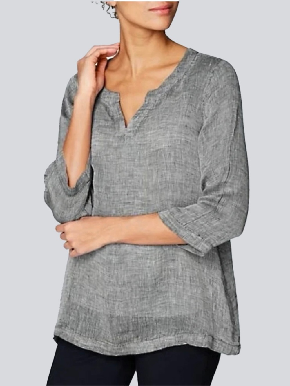 J. Jill - pure Linen Notch Neck Gauze Weave Black White 3/4 Sleeve Tunic Top 4X